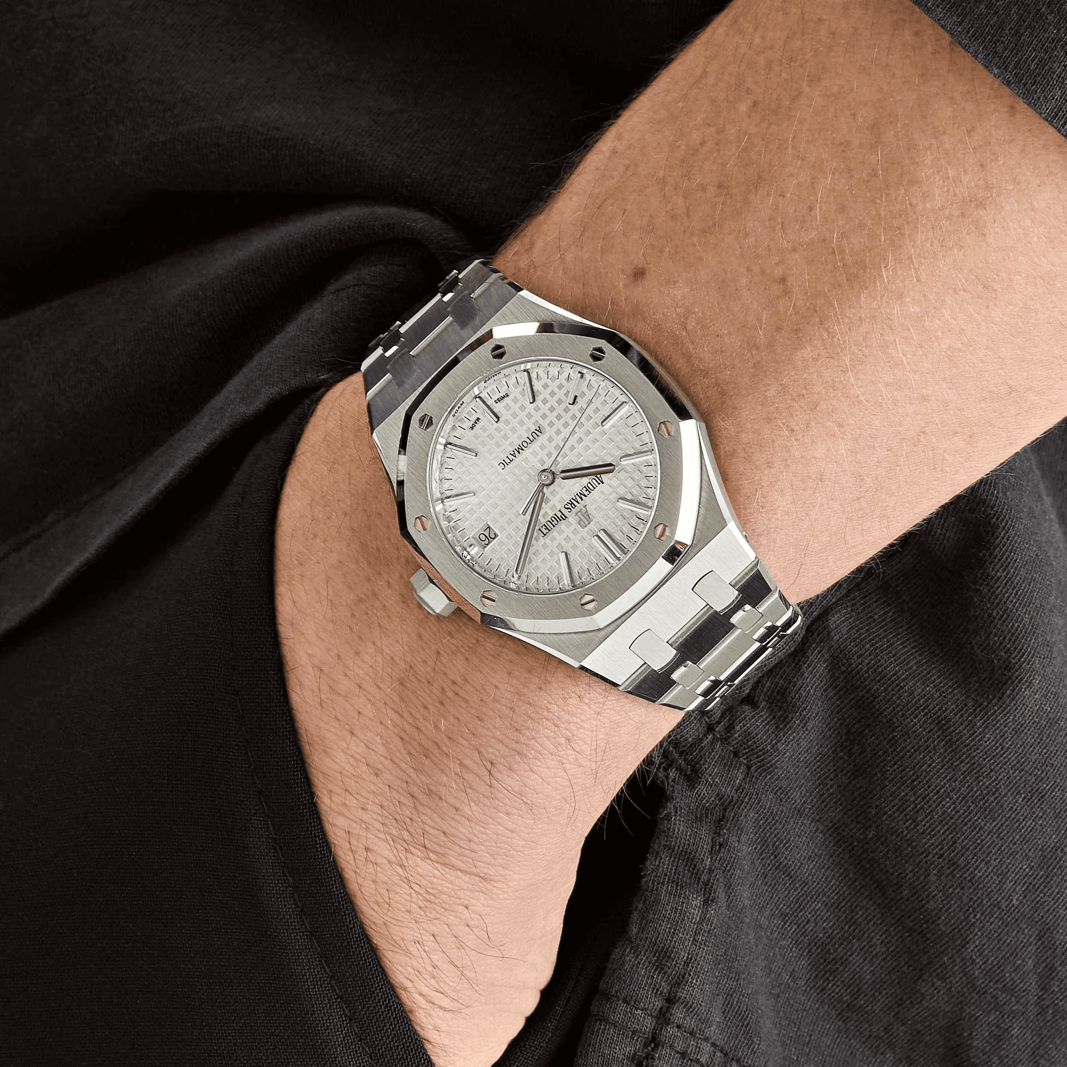 Steel Royal Oak with a silver dial on the wrist