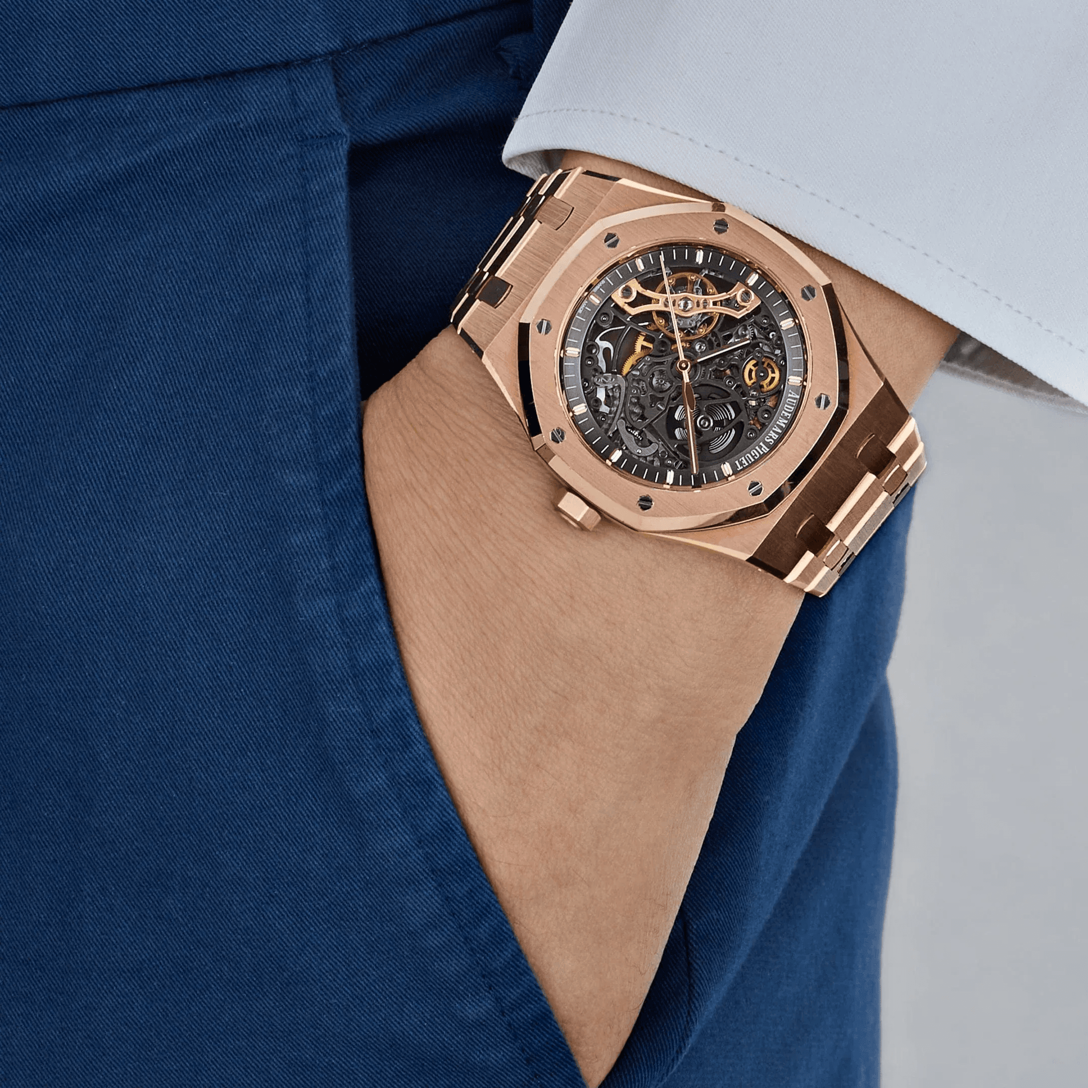 Rose gold skeleton Royal Oak on the wrist