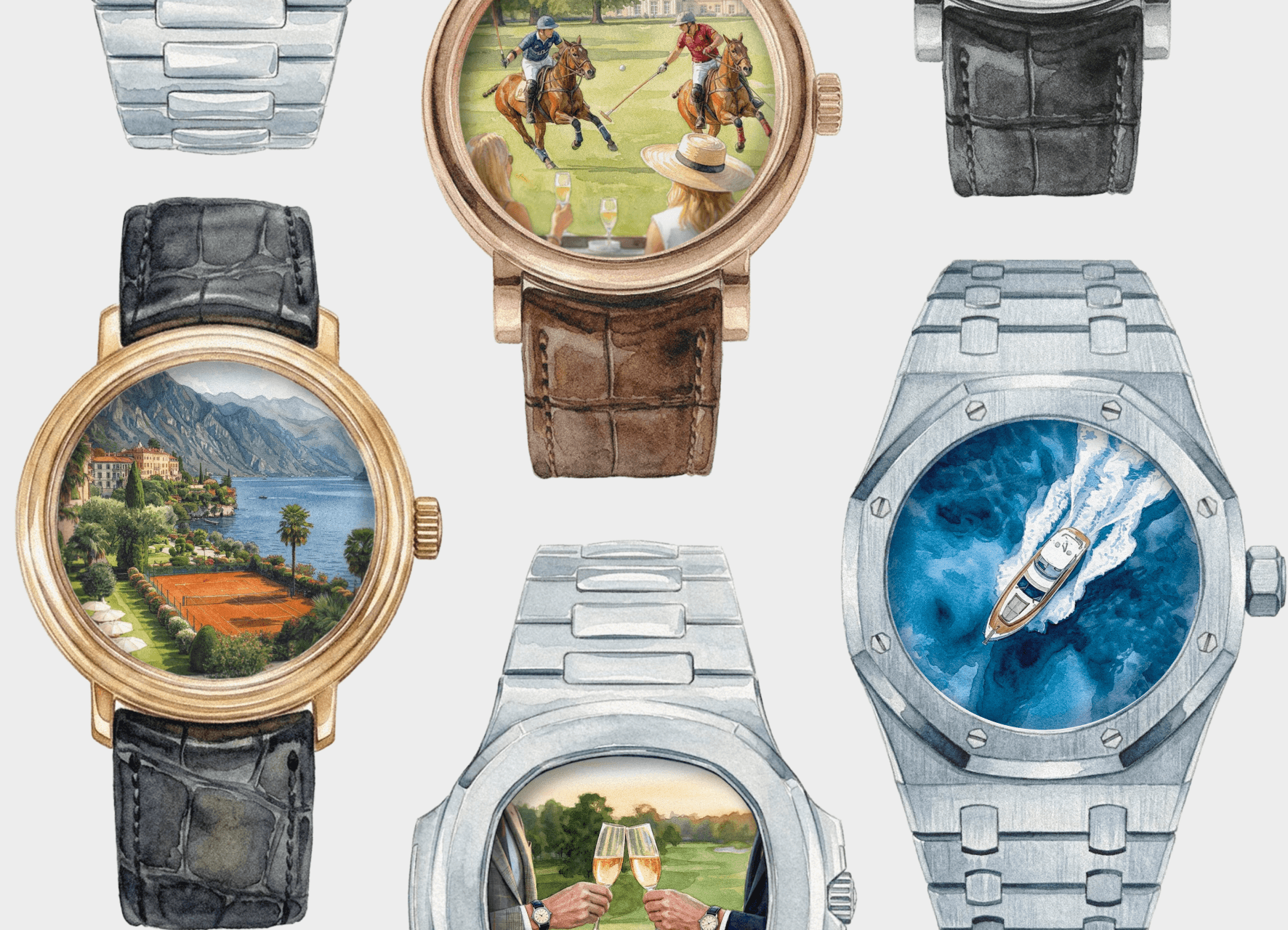 Watercolour illustrations of hand-painted watch dials