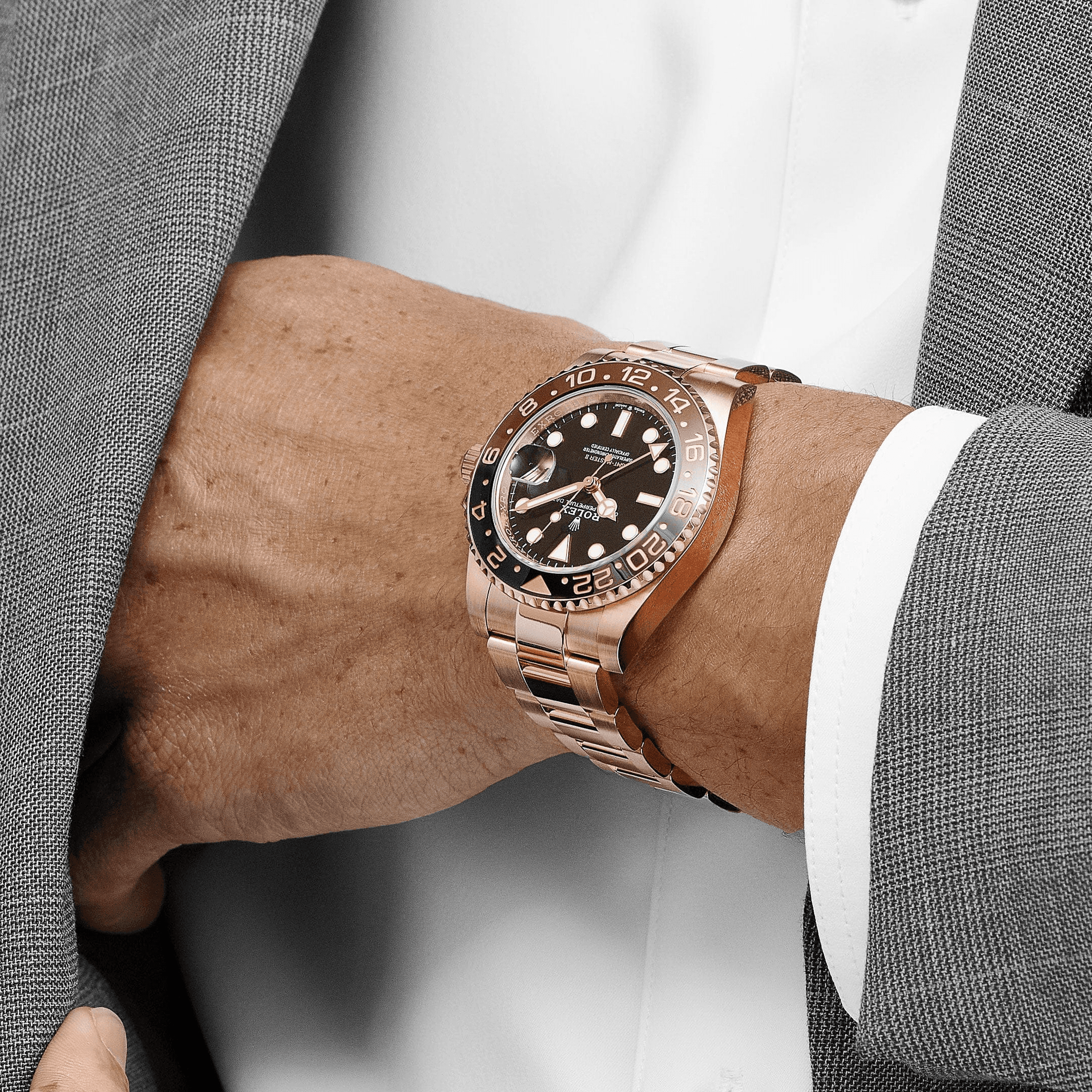 Rose gold Rolex GMT-Master II on the wrist
